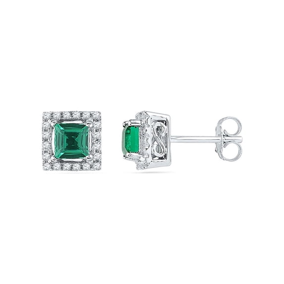 10kt White Gold Womens Princess Lab-Created Emerald Stud Earrings 1/8 Cttw