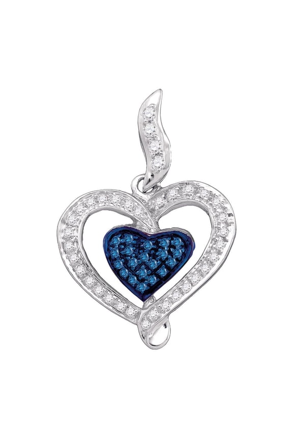 10k White Gold Heart Pendant with Blue and White Diamonds - Perfect Gift for Women