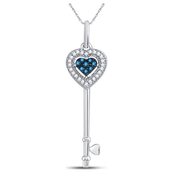 10kt White Gold Womens Round Blue Color Enhanced Diamond Key Love Pendant 1/10 Cttw