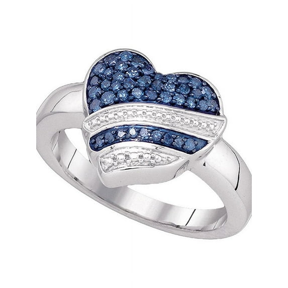 10kt White Gold Womens Round Blue Color Enhanced Diamond Striped Heart Ring 1/3 Cttw