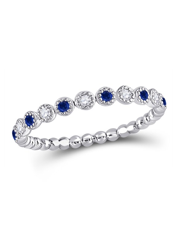 10kt White Gold Womens Round Blue Sapphire Diamond Beaded Dot Stackable Band Ring 1/6 Cttw