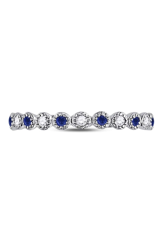 10kt White Gold Womens Round Blue Sapphire Diamond Beaded Dot Stackable Band Ring 1/6 Cttw