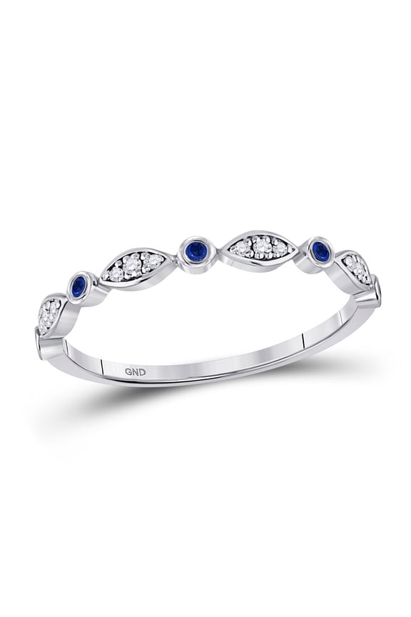 10kt White Gold Womens Round Blue Sapphire Diamond Stackable Band Ring 1/10 Cttw