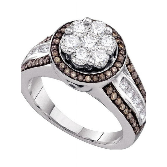 10kt White Gold Womens Round Brown Color Enhanced Diamond Flower Cluster Ring 1-3/8 Cttw