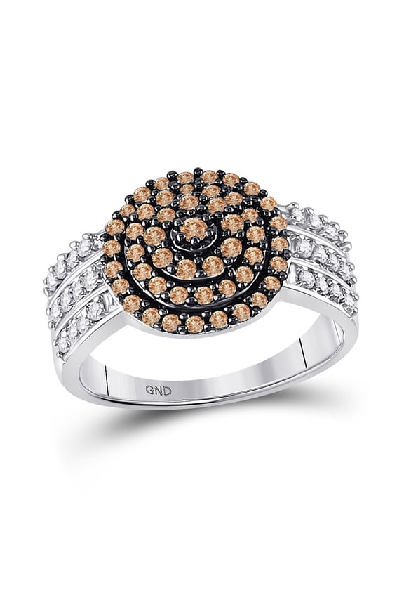 10kt White Gold Womens Round Brown Diamond Concentric Cluster Ring 3/4 Cttw