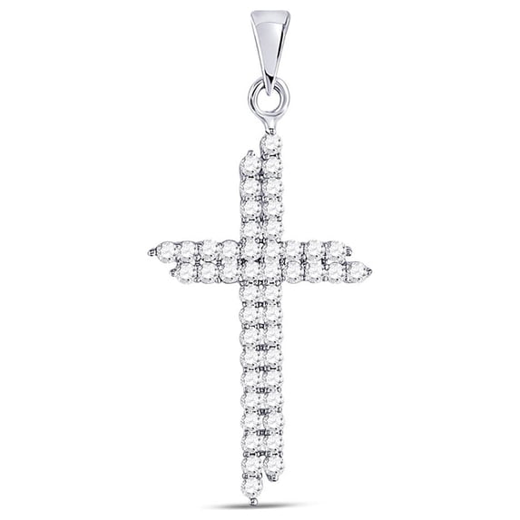 10kt White Gold Womens Round Diamond Asymmetric Cross Pendant 1/2 Cttw