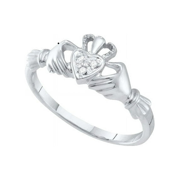 10kt White Gold Womens Round Diamond Claddagh Heart Ring .01 Cttw