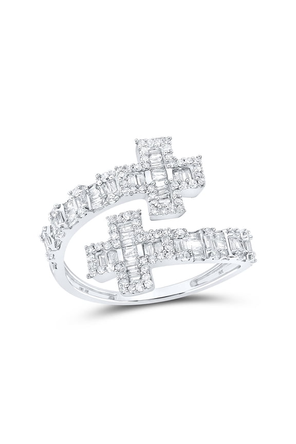 10kt White Gold Womens Round Diamond Cross Cuff Band Ring 3/4 Cttw