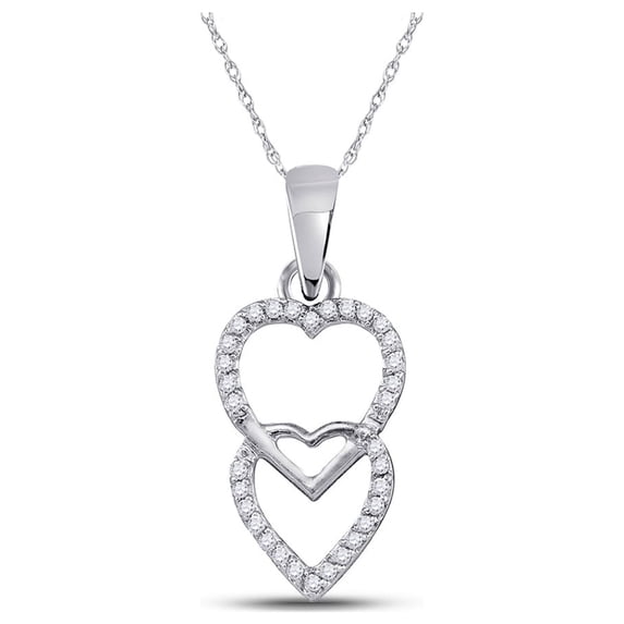 10kt White Gold Womens Round Diamond Double Hanging Heart Pendant 1/10 Cttw