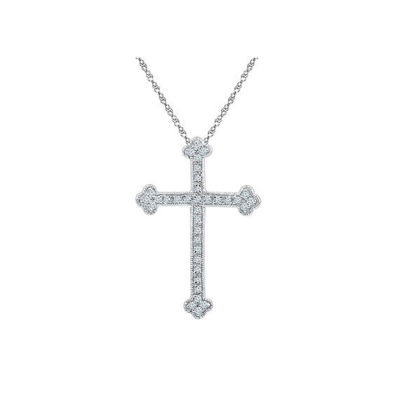10kt White Gold Womens Round Diamond Gothic Cross Religious Pendant 1/5 Cttw
