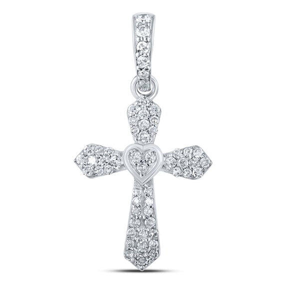10kt White Gold Womens Round Diamond Heart Cross Pendant 1/6 Cttw