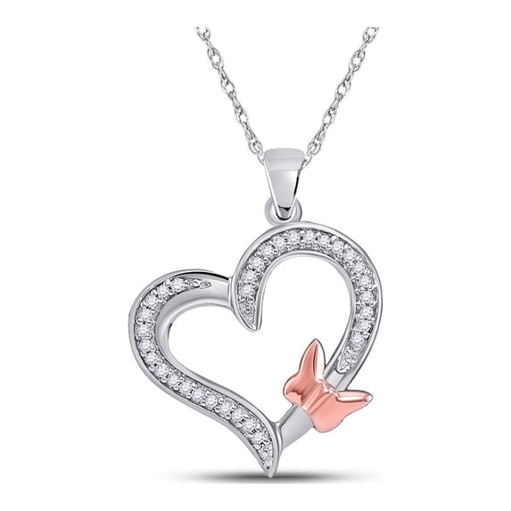 10kt White Gold Womens Round Diamond Heart Rose-tone Butterfly Bug Pendant 1/10 Cttw