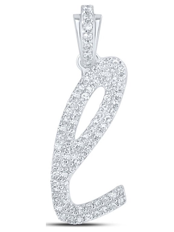 10kt White Gold Womens Round Diamond L Cursive Initial Letter Pendant 3/8 Cttw