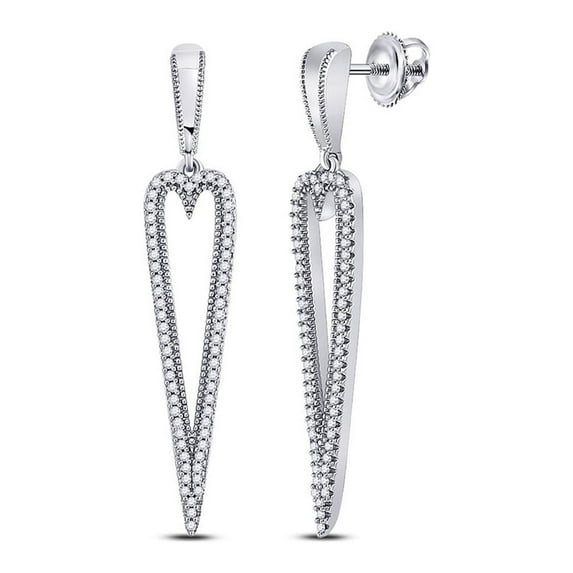 10kt White Gold Womens Round Diamond Oblong Heart Dangle Earrings 1/3 Cttw