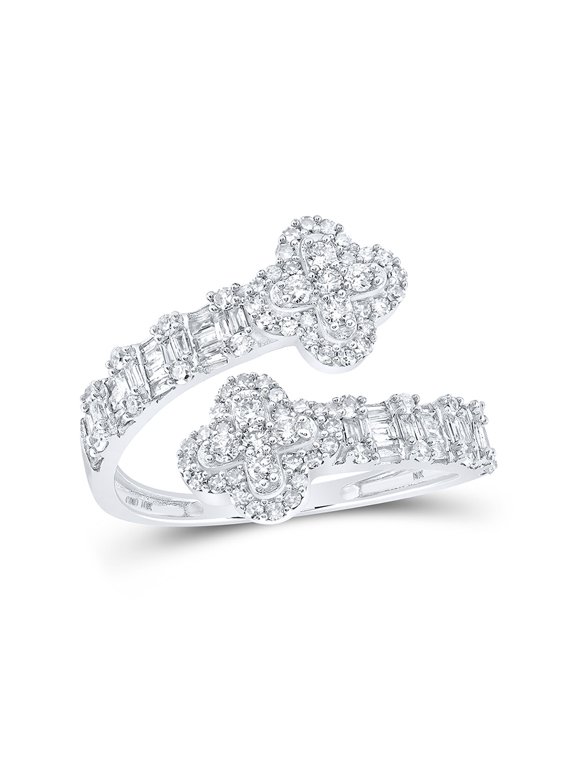 10kt White Gold Womens Round Diamond Quatrefoil Cuff Band Ring 3/4 Cttw
