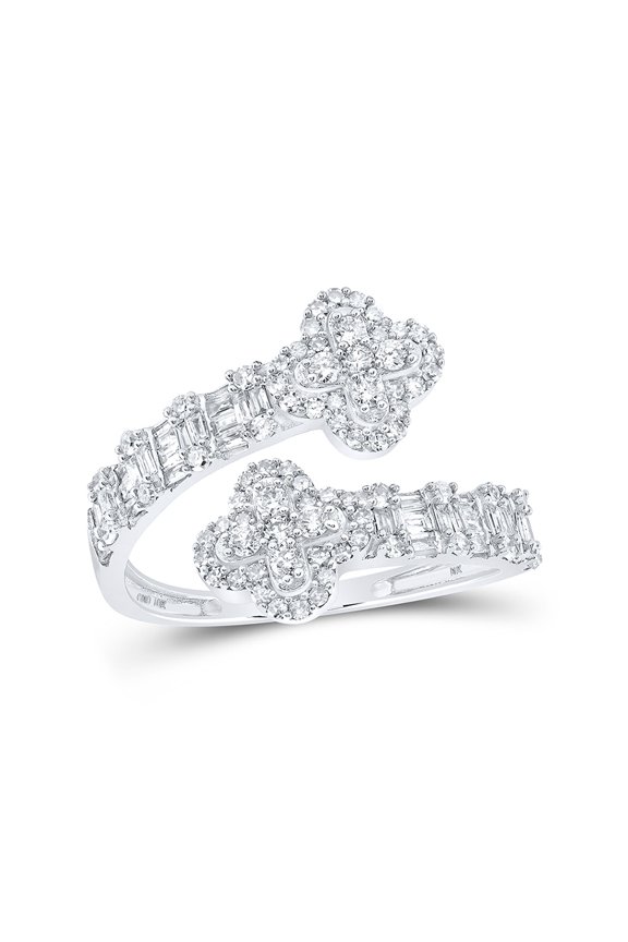 10kt White Gold Womens Round Diamond Quatrefoil Cuff Band Ring 3/4 Cttw