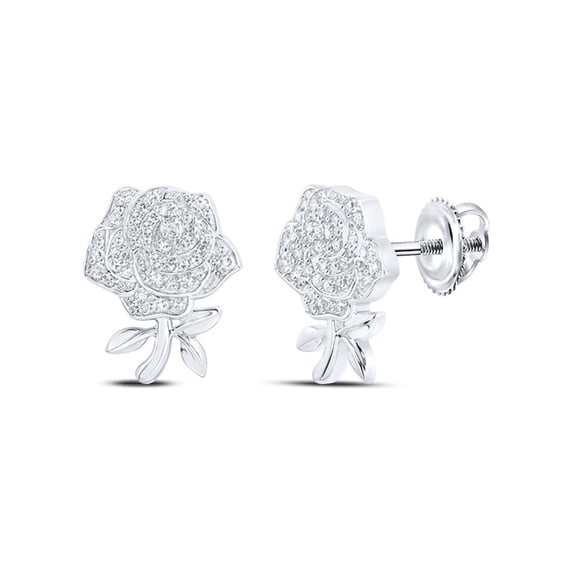 10kt White Gold Womens Round Diamond Rose Flower Earrings 1/3 Cttw