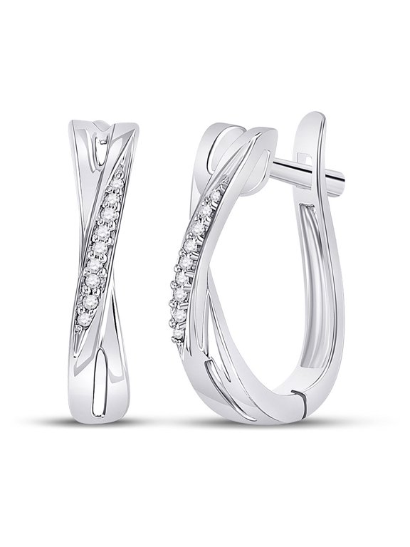 10kt White Gold Womens Round Diamond Slender Crossover Hoop Earrings 1/20 Cttw