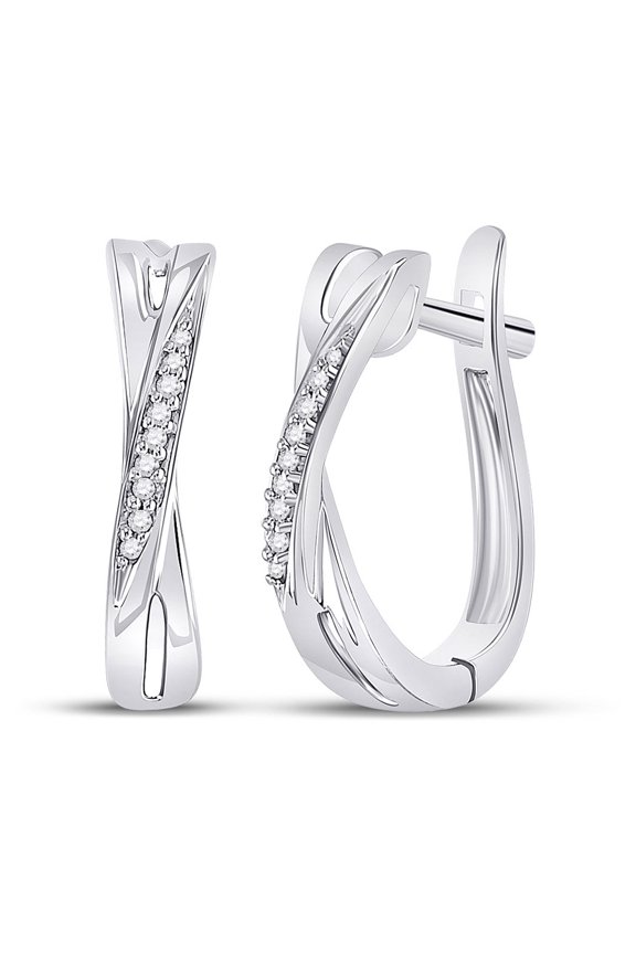10kt White Gold Womens Round Diamond Slender Crossover Hoop Earrings 1/20 Cttw