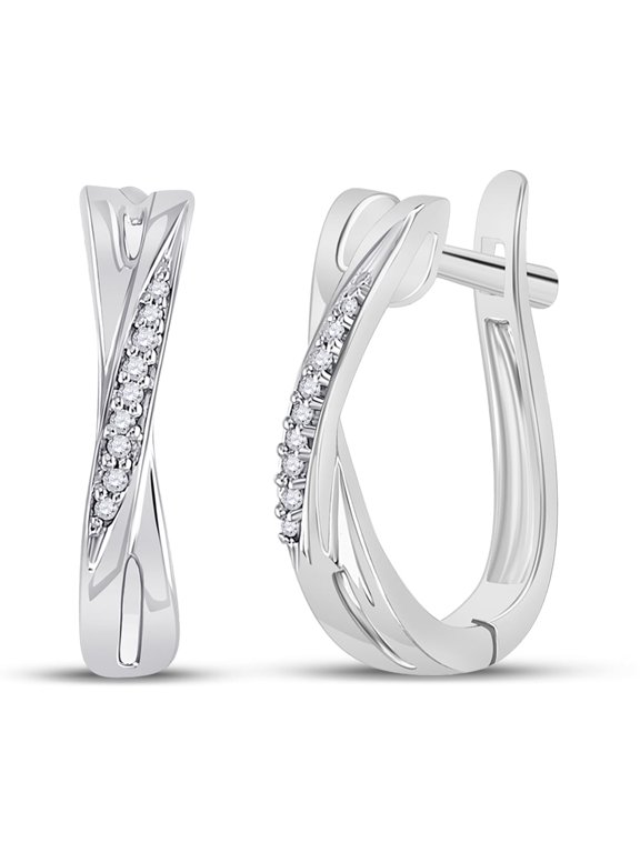 10kt White Gold Womens Round Diamond Slender Crossover Hoop Earrings 1/20 Cttw