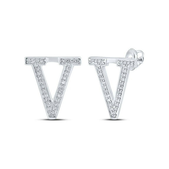 10kt White Gold Womens Round Diamond V Initial Letter Earrings 1/8 Cttw