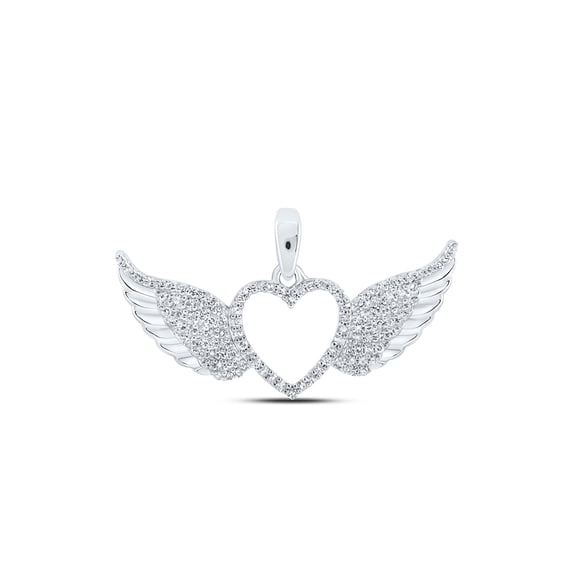 10kt White Gold Womens Round Diamond Wing Heart Pendant 1/4 Cttw