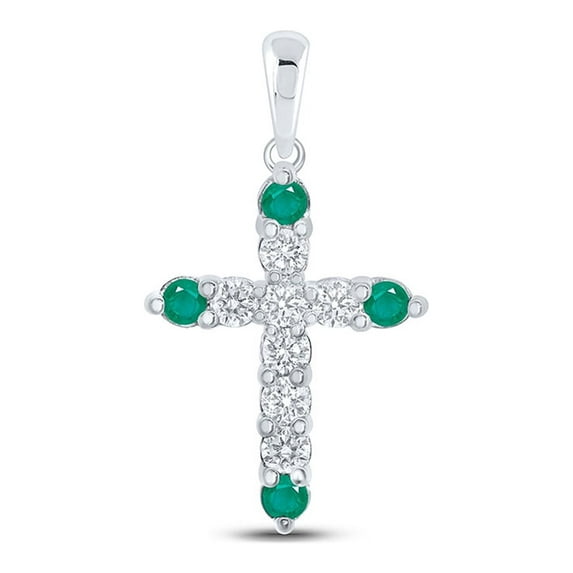 10kt White Gold Womens Round Emerald Diamond Cross Pendant 3/8 Cttw