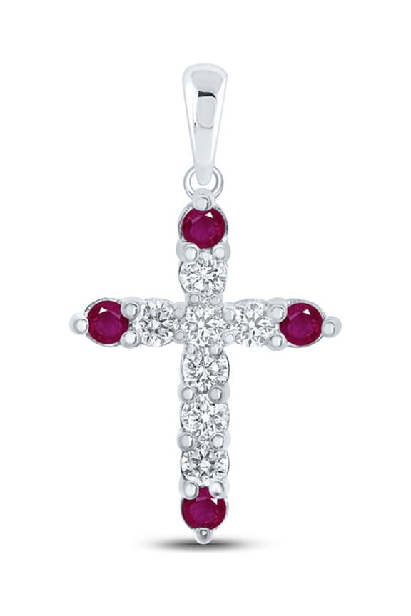 10kt White Gold Womens Round Ruby Diamond Cross Pendant 1/2 Cttw