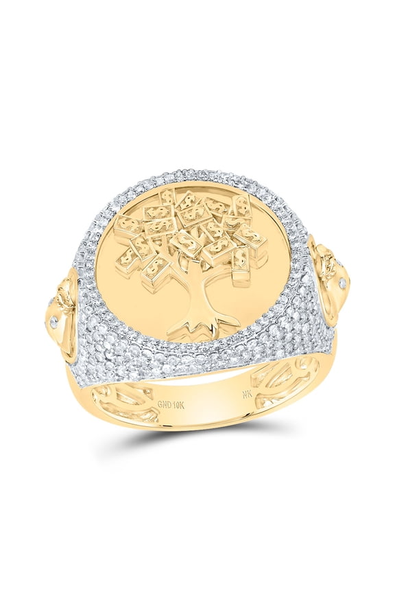 10kt Yellow Gold 1 1/5 Cttw Diamond Money Tree Mens Ring, Men Size: 8-12
