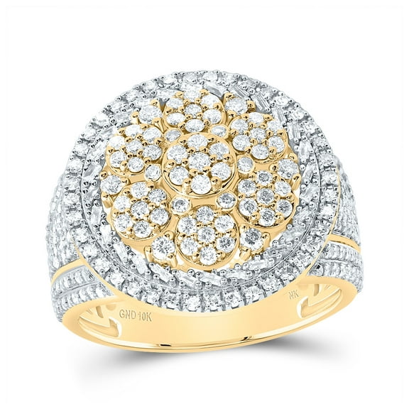 10kt Yellow Gold 1 3/4 Cttw Natural Diamond Round Flower Men's Ring, Men Size: 8-12