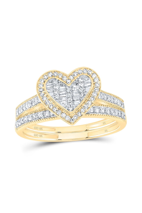 10kt Yellow Gold 1/3 Cttw Natural Diamond Fashion Heart Wedding Engagement Anniversary Bridal Set, Women Size: 5-9