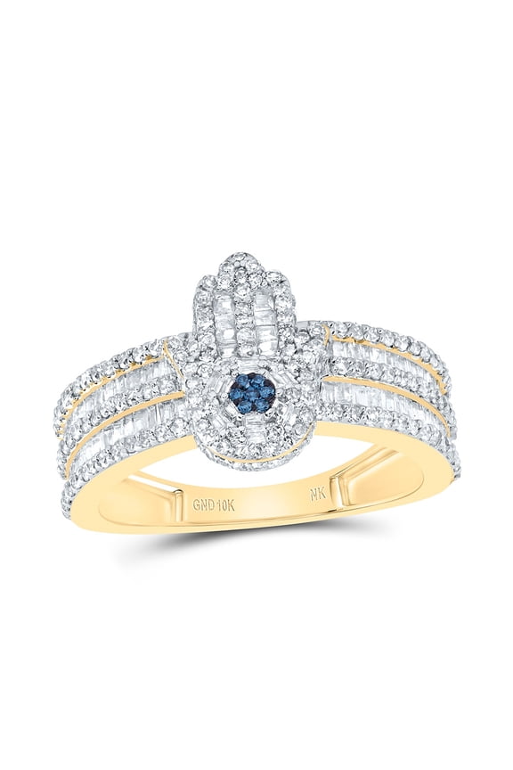 10kt Yellow Gold 1 Cttw Diamond Fashion Blue Diamond Hamsa Wedding Engagement Anniversary Ring, Women Size: 5-9