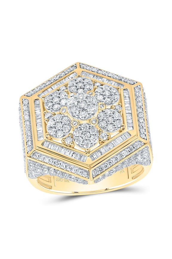 10kt Yellow Gold 2 5/8 Cttw Natural Diamond Hexagon Flower Men's Ring, Men Size: 8-12