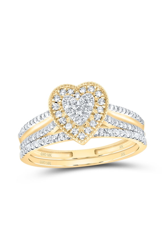 10kt Yellow Gold 3/8 Cttw Natural Diamond Heart Single Halo Wedding Engagement Anniversary Bridal Set, Women Size: 5-9