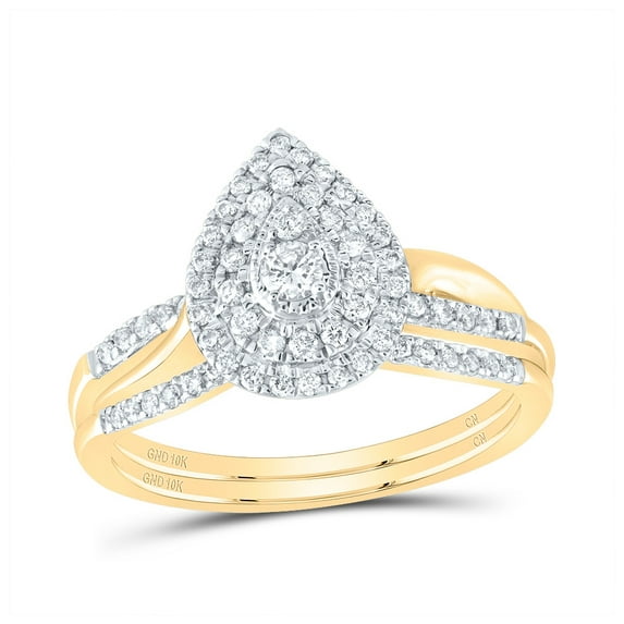 10kt Yellow Gold 3/8 Cttw Natural Diamond Pear Double Halo Wedding Engagement Anniversary Bridal Set, Women Size: 5-9