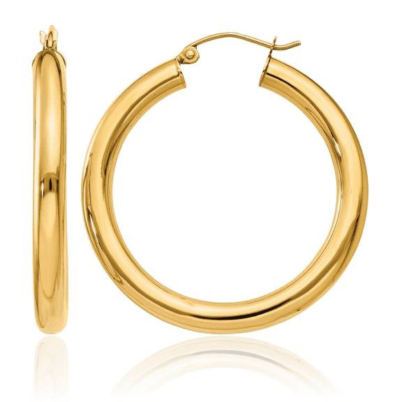 10K Solid Yellow Gold 4mm Tube Round Medium Hoop Earrings
