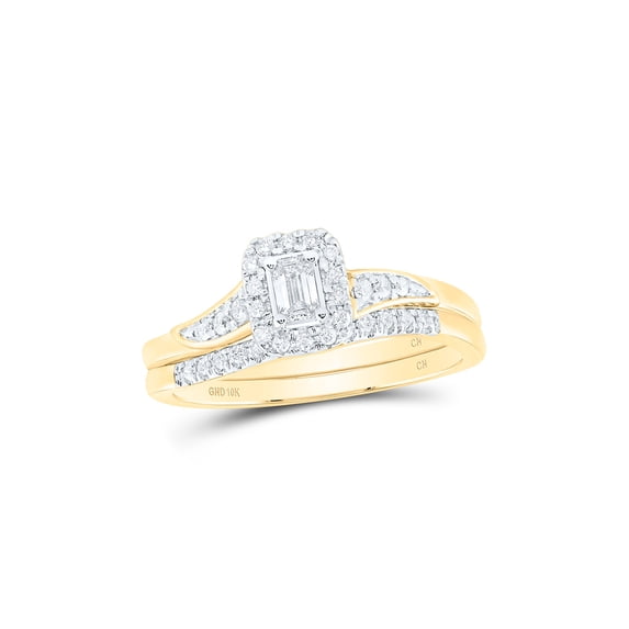 10kt Yellow Gold Emerald Diamond Bridal Wedding Ring Band Set 1/3 Cttw