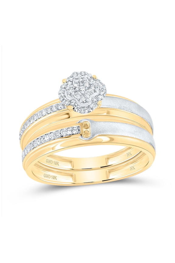 10kt Yellow Gold His & Hers 1/3 Cttw Diamond Clover Bridal Wedding Ring Band Set, Women Size: 5-9, Men Size: 8-12