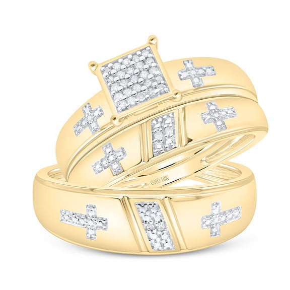 10kt Yellow Gold His Hers Diamond Cross Matching Wedding Set 1/12 Cttw