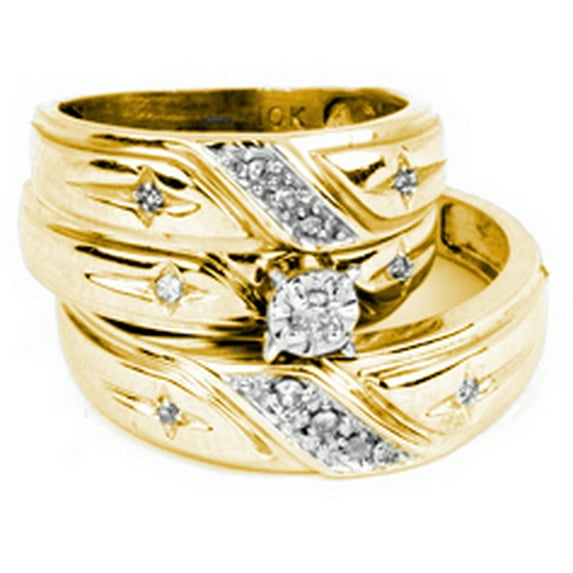 10kt Yellow Gold His & Hers Round Diamond Christian Cross Matching Bridal Wedding Ring Band Set 1/6 Cttw