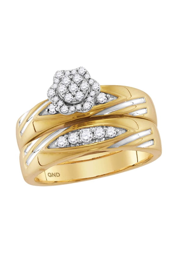 10kt Yellow Gold His & Hers Round Diamond Cluster Matching Bridal Wedding Ring Band Set 1/2 Cttw