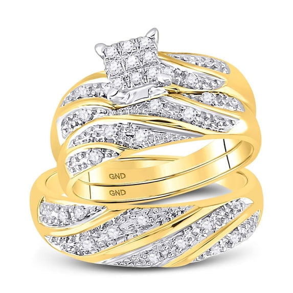 10kt Yellow Gold His & Hers Round Diamond Cluster Matching Bridal Wedding Ring Band Set 1/4 Cttw