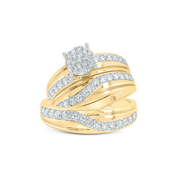 10kt Yellow Gold His Hers Round Diamond Cluster Matching Wedding Set 1-1/4 Cttw