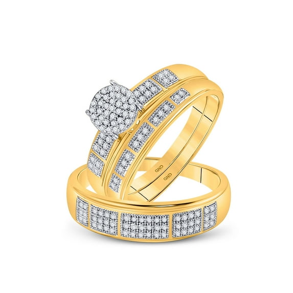 10kt Yellow Gold His Hers Round Diamond Cluster Matching Wedding Set 1/3 Cttw