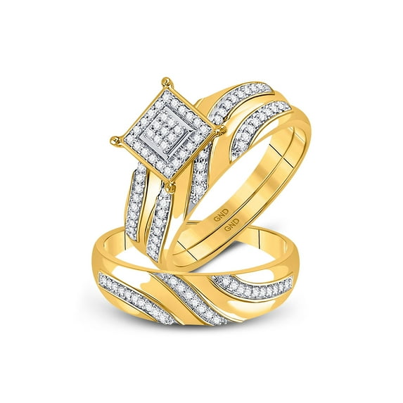 10kt Yellow Gold His Hers Round Diamond Cluster Matching Wedding Set 1/4 Cttw