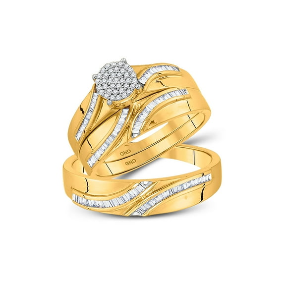 10kt Yellow Gold His Hers Round Diamond Cluster Matching Wedding Set 3/8 Cttw