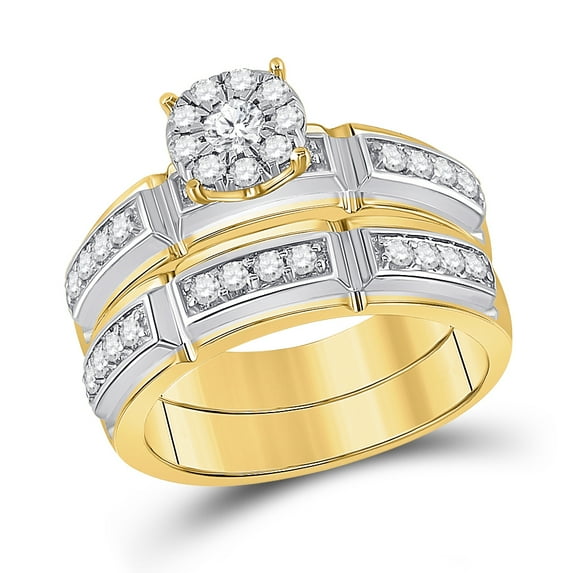 10kt Yellow Gold His Hers Round Diamond Halo Matching Bridal Wedding Ring Band Set 3/4 Cttw