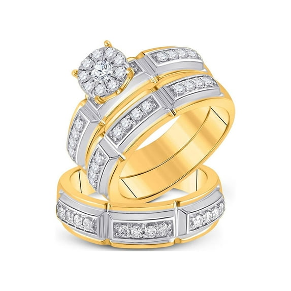 10kt Yellow Gold His Hers Round Diamond Halo Matching Wedding Set 3/4 Cttw