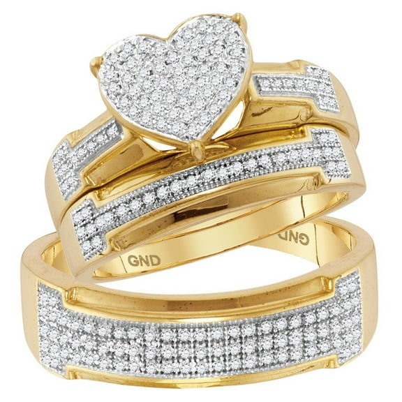 10kt Yellow Gold His & Hers Round Diamond Heart Cluster Matching Bridal Wedding Ring Band Set 1/2 Cttw