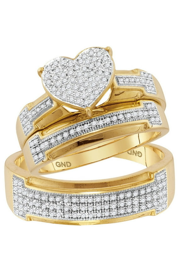 10kt Yellow Gold His & Hers Round Diamond Heart Cluster Matching Bridal Wedding Ring Band Set 1/2 Cttw